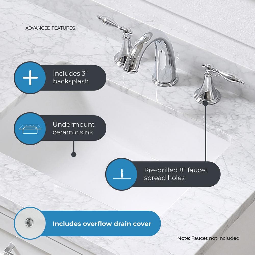 Tahoe 36" Pure White Freestanding Bathroom Vanity with Carrara Marble Top