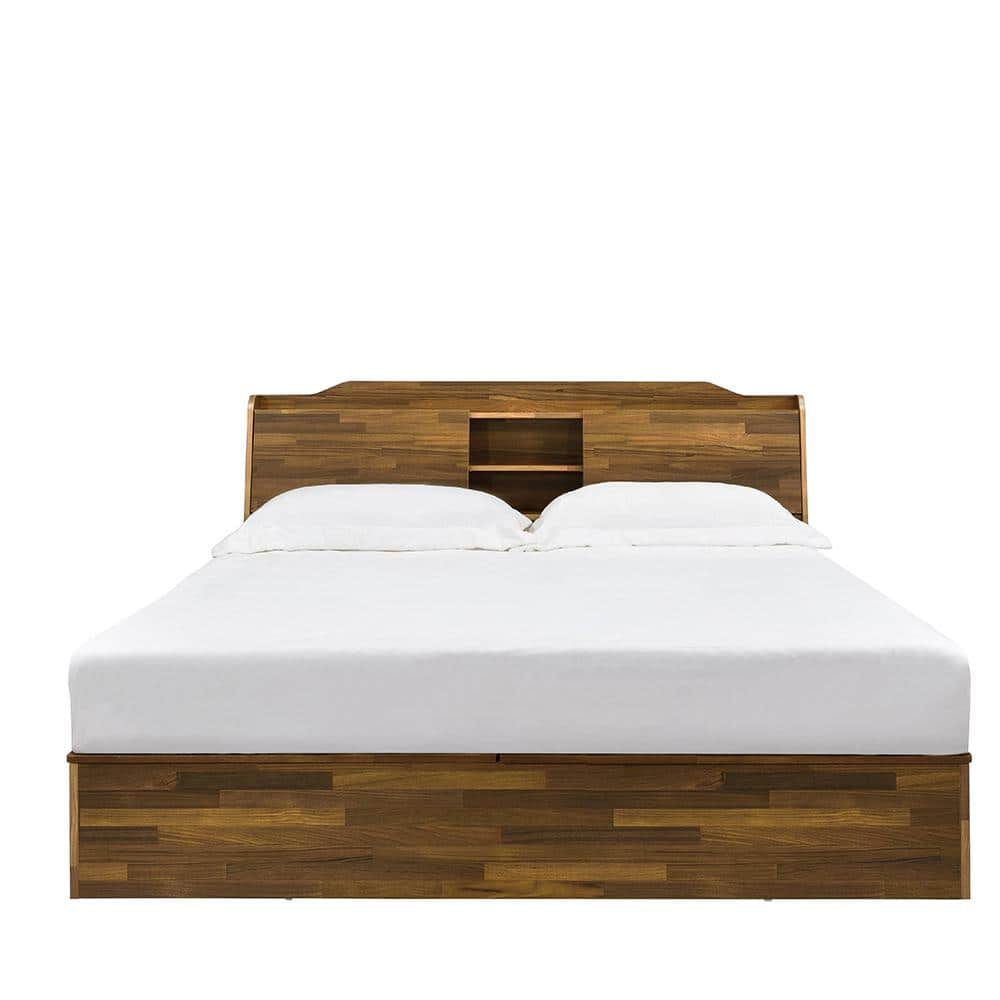 Hestia Midcentury Queen Bed with Upholstered Leather Headboard and Storage