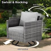 Daffodil Y Gray 8-Piece Wicker Patio Storage Fire Pit Conversation Set with Swivel Rocking Chair and Dark Gray Cushions