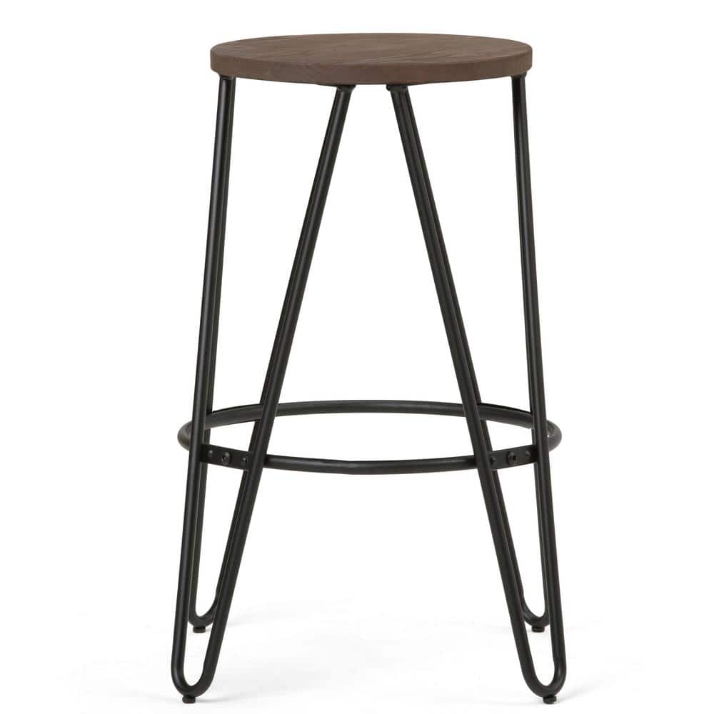 Simeon 26" Cocoa Brown and Black Metal Counter Stools with Elm Wood Seat
