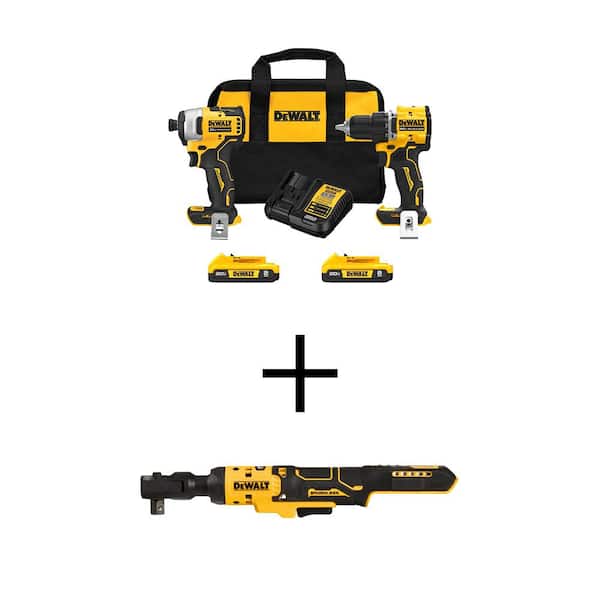 DEWALT ATOMIC 20V MAX Lithium-Ion Cordless Combo Kit (2-Tool) and ATOMIC 1/2 in. Ratchet with (2) 2Ah Batteries Charger and Bag