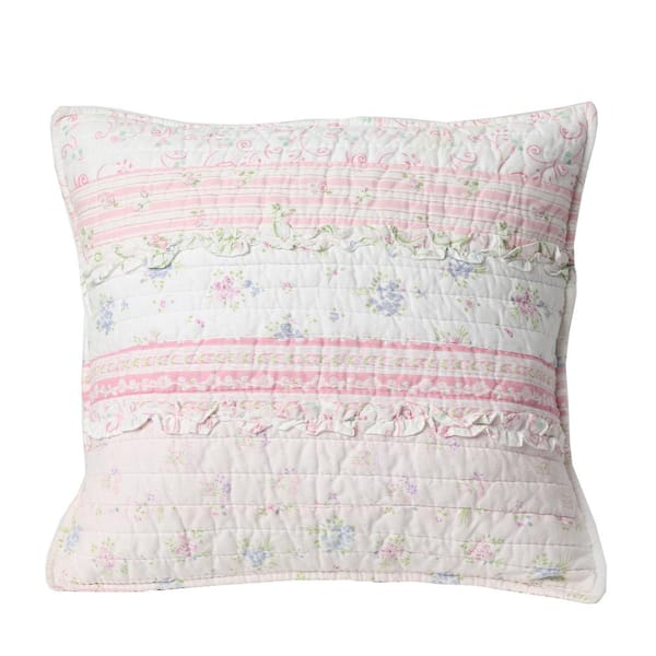 Cozy Line Home Fashions Pink Rose Peonies Ruffle 4-Piece Pink Floral Stripe Cotton Bedding Set with Decor Pillow King Quilt Set