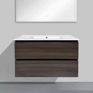 36 in. W x 18 in. D x 23 in. H Wall-mounted Bath Vanity in Black Walnut with White Ceramic Top