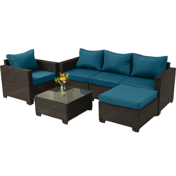 Sudzendf 6 of Pieces Brown Wicker Outdoor Sofa Sectional Set with Peacock Blue Cushions