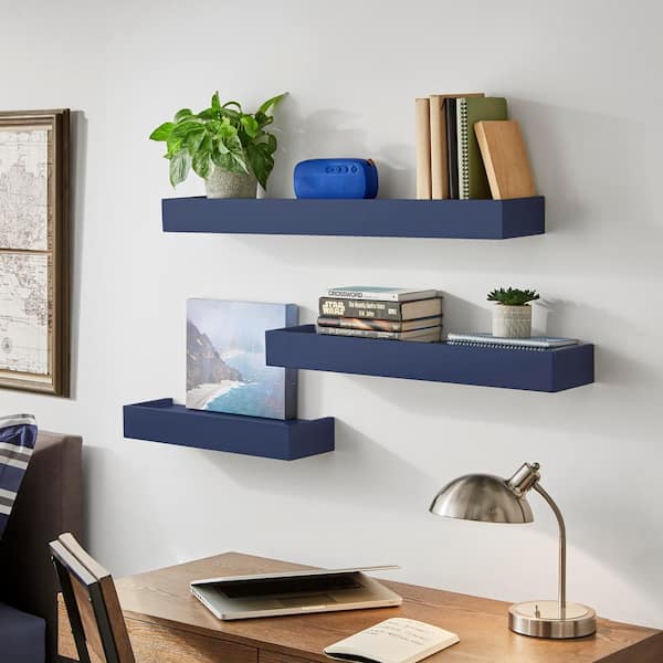 StyleWell Modern Midnight Blue Wood Floating Wall Shelf (Set of 3) (36 ...
