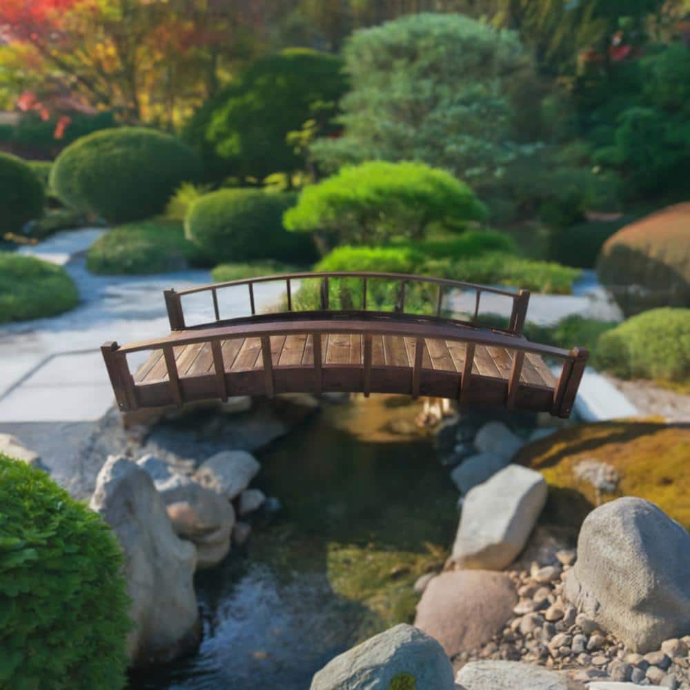 8 ft. Japanese Treated Wood Garden Moon Bridge with Arched Railings