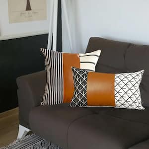 Brown Boho Handcrafted Vegan Faux Leather Mixed Abstract Geometric Throw Pillow Cover (Set of 2)