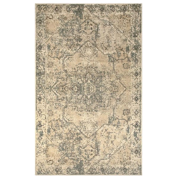 SUPERIOR Amaris Ivory 4 ft. x 5 ft. 7 in. Modern Distressed Medallion Border Polypropylene Area Rug