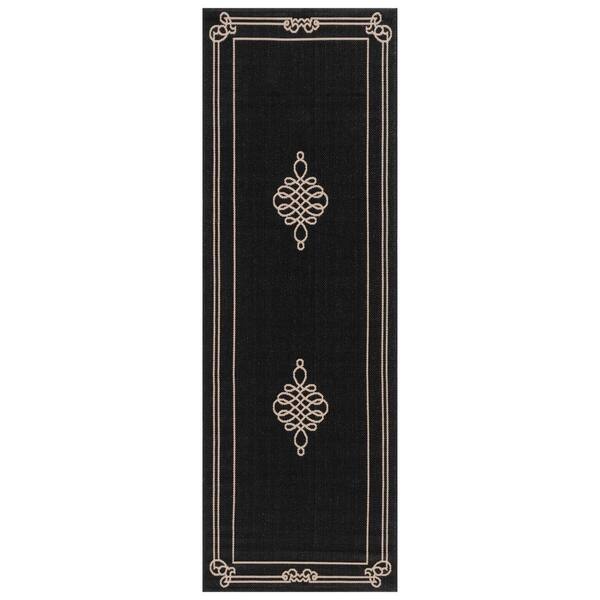 Courtyard 2 x 14 Black/Creme Scroll Runner Rug