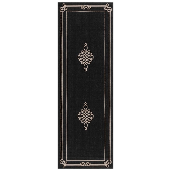 Courtyard 2 x 16 Black/Creme Scroll Runner Rug