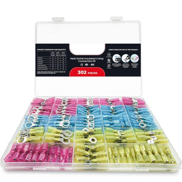 302-Piece Heat Shrink Wiring Connectors Kits Electrical Wire Terminals Crimp Insulated Connector Assortment