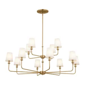 Pallas 42.75 in. 12-Light Brushed Natural Brass Traditional Shaded Tiered Chandelier for Dining Room