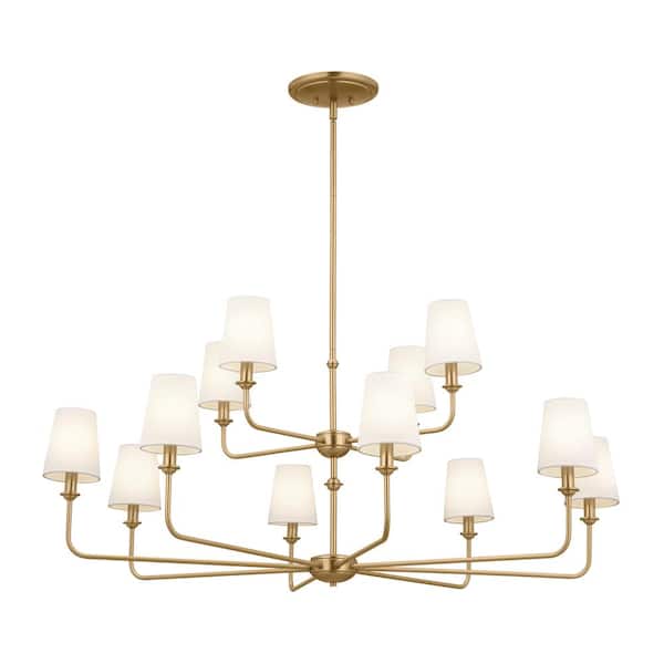 Pallas 42.75 in. 12-Light Brushed Natural Brass Traditional Shaded Tiered Chandelier for Dining Room