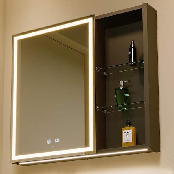 KWW 30 in. W x 28 in. H Large Rectangular LED Lighted Bathroom Wall Mount Medicine Cabinet with Mirror, Socket and USB
