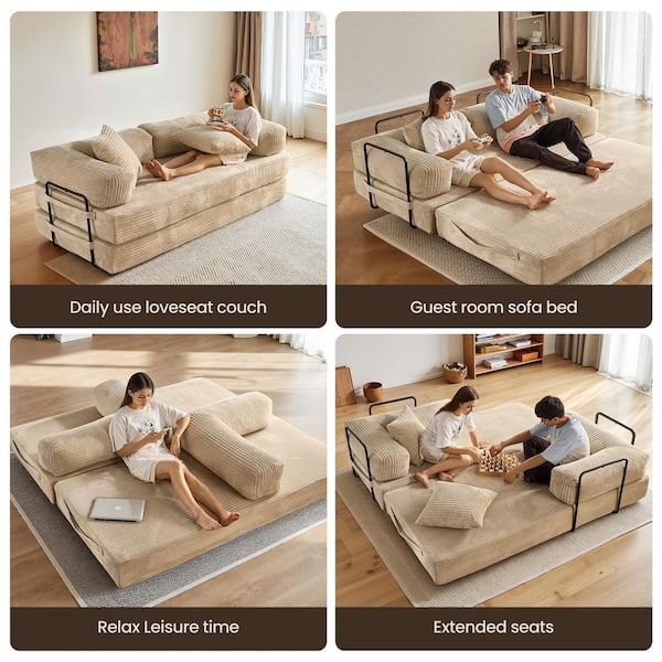 Allwex Mega 80 in. Beige Corduroy King Size Convertible Sleeper