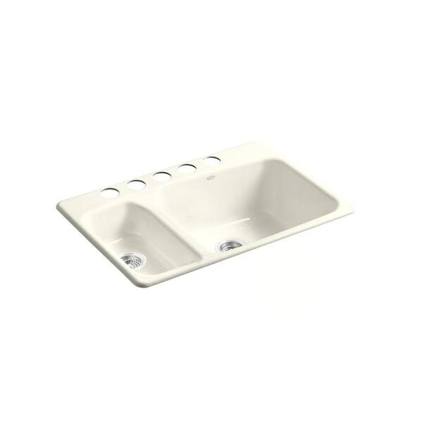 KOHLER Lakefield Undercounter Cast Iron 33x22x10.25 5-Hole Double Bowl Kitchen Sink in Biscuit