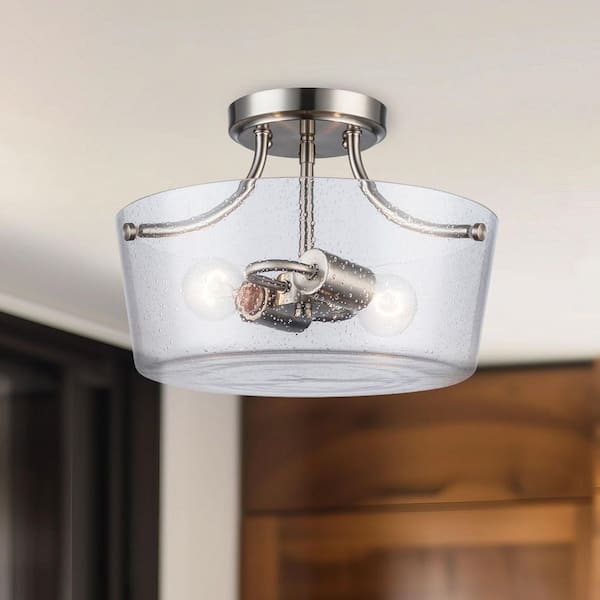 Bel Air Lighting Simi 13 in. 2-Light Brushed Nickel Semi-Flush Mount Ceiling Light with Clear Seeded Glass Shade