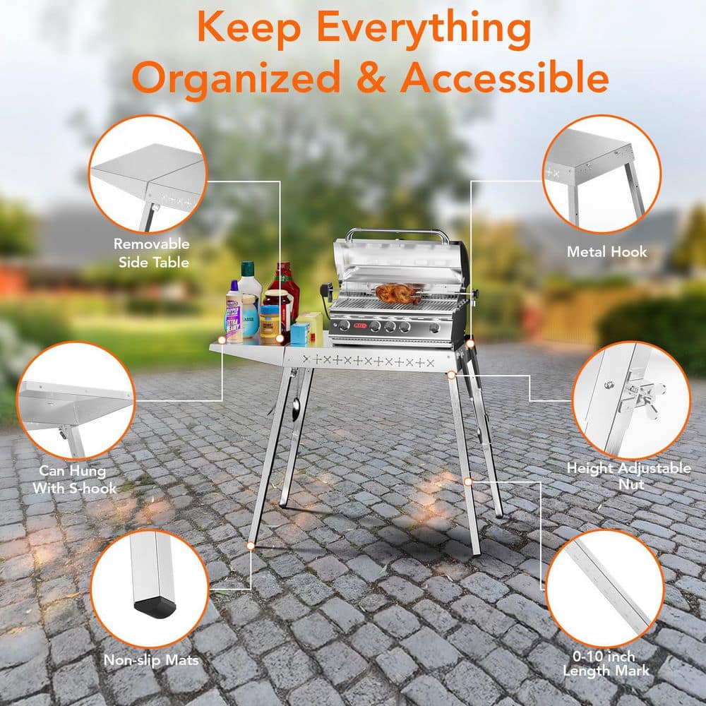 R.W.FLAME 38.11" (W) Portable Stainless Steel Grill Table with Retractable Stand and Folding Side Table WYHD-T0124SA