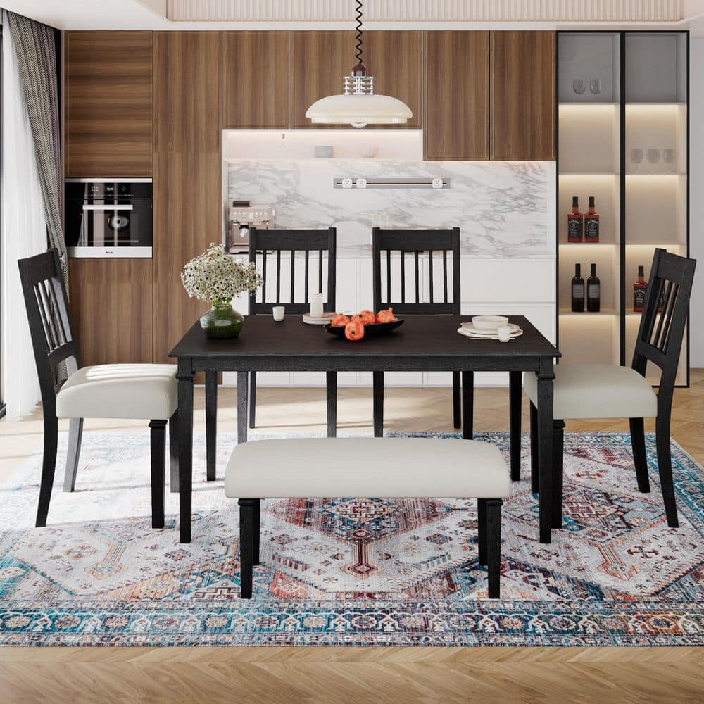 Classic Country 6 Piece Dining Room Set, Rectangular Gray Oak Table with 4 Chairs and Bench