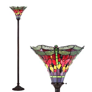 Dragonfly Tiffany-Style 71 in. Bronze/Green Torchiere Floor Lamp