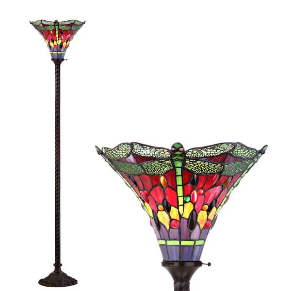 Dragonfly Tiffany-Style 71 in. Bronze/Green Torchiere Floor Lamp