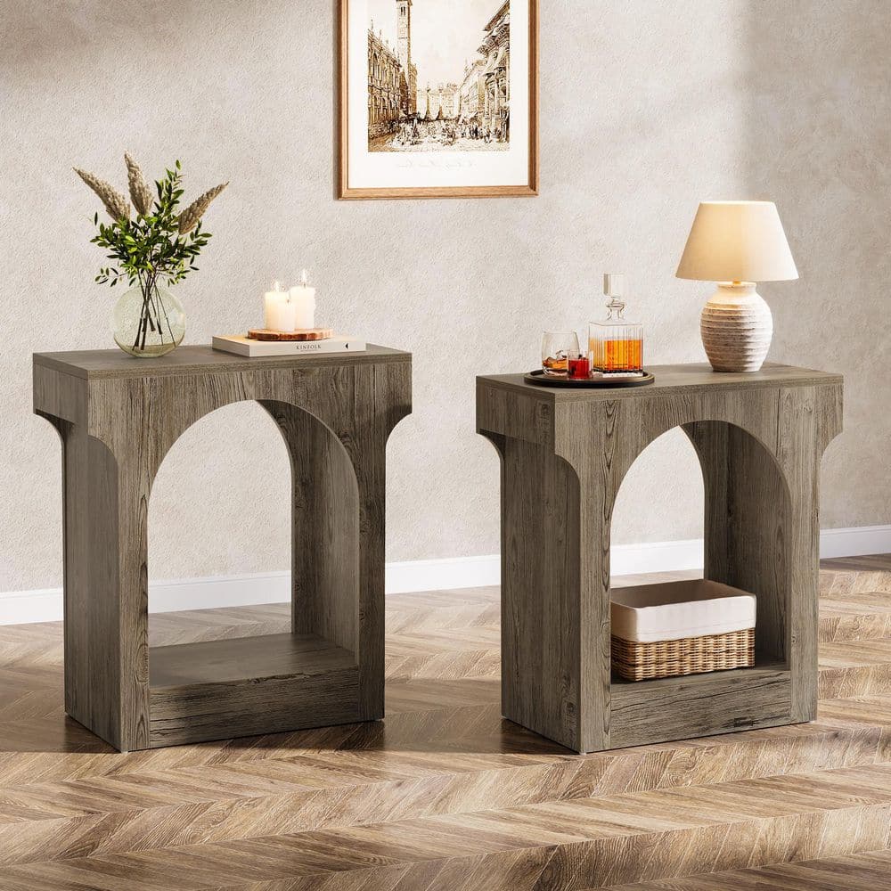 Andrea 23.6 in. Gray Short Rectangle Wood End Table with Storage Space for Living Room Nightstand for Bedroom 2 Piece