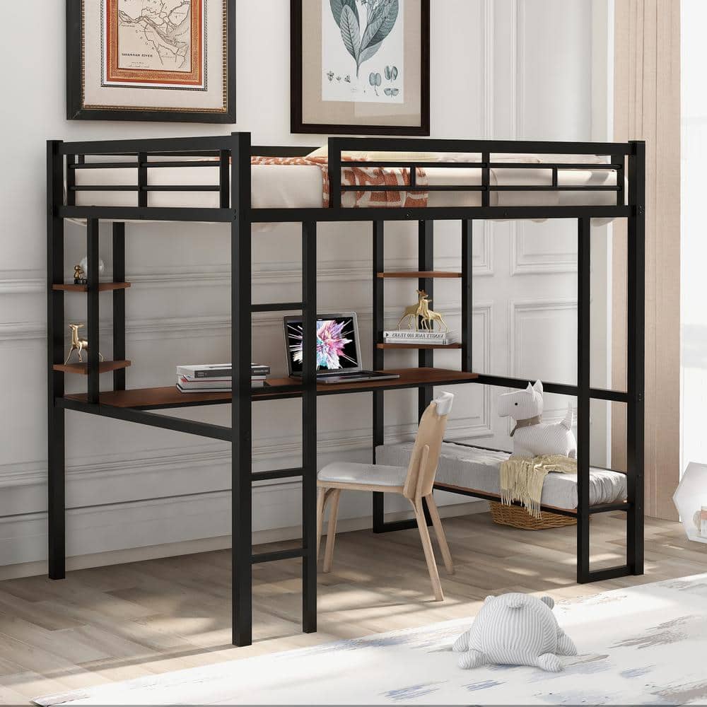Reviews for URTR Black Full Size Loft Bed Frame with Long Desk and