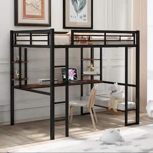 Black Full Size Loft Bed Frame with Long Desk and Storage Shelves, Metal Loft Bed with Ladder for Kids, Teens