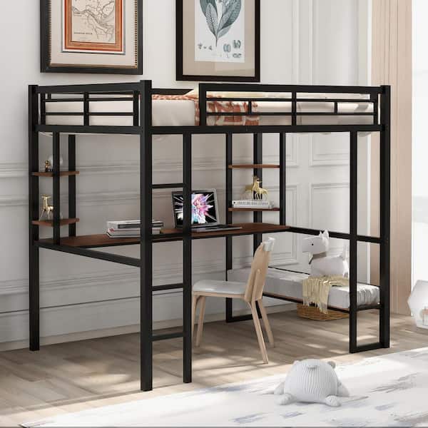 URTR Black Full Size Loft Bed Frame with Long Desk and Storage Shelves, Metal Loft Bed with Ladder for Kids, Teens