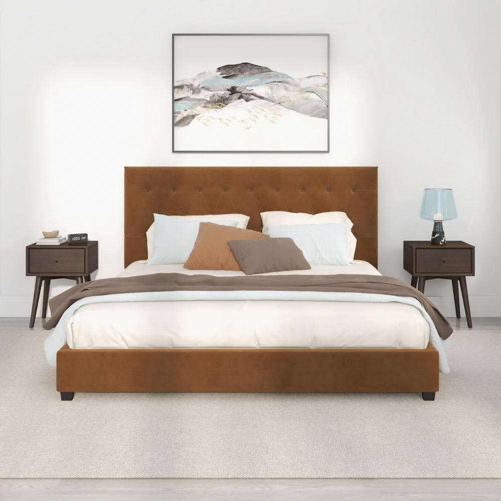 Elda Cognac Velvet Tufted Upholstered King Platform Bed