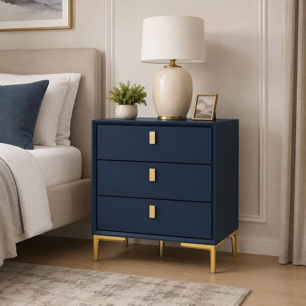 19.6 in. W Blue Rectangle Wood Side End Table with 3 Drawer, Gold Metal Legs for Living Room, Bedroom