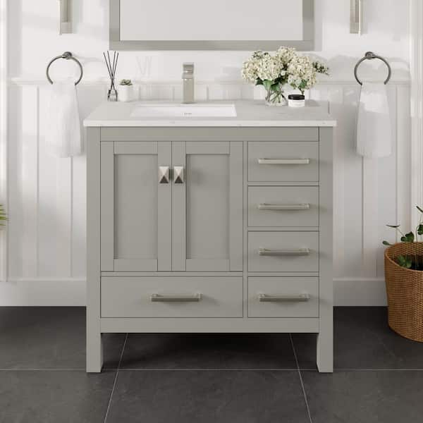 London 38 in. Single Sink Gray Bath Vanity with White Carrara Quartz Top (Assembled)