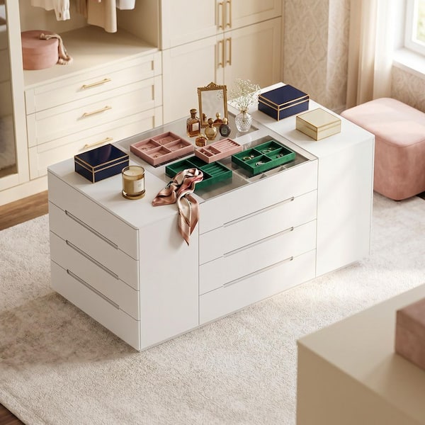 White Mirror Finished 16-Drawer 63 in. Width Large Bedroom Dresser, Chest of Drawers with Glass Top and 16-Drawer