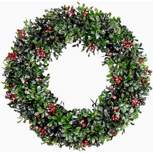 20 in. Faux Frosted Boxwood Artificial Christmas Wreath with Red Berries