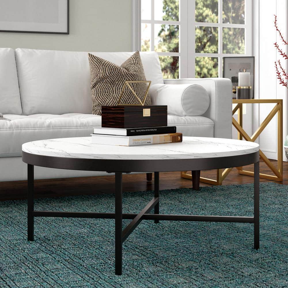Elegant 36" Round Faux Marble Coffee Table with Bronze Finish