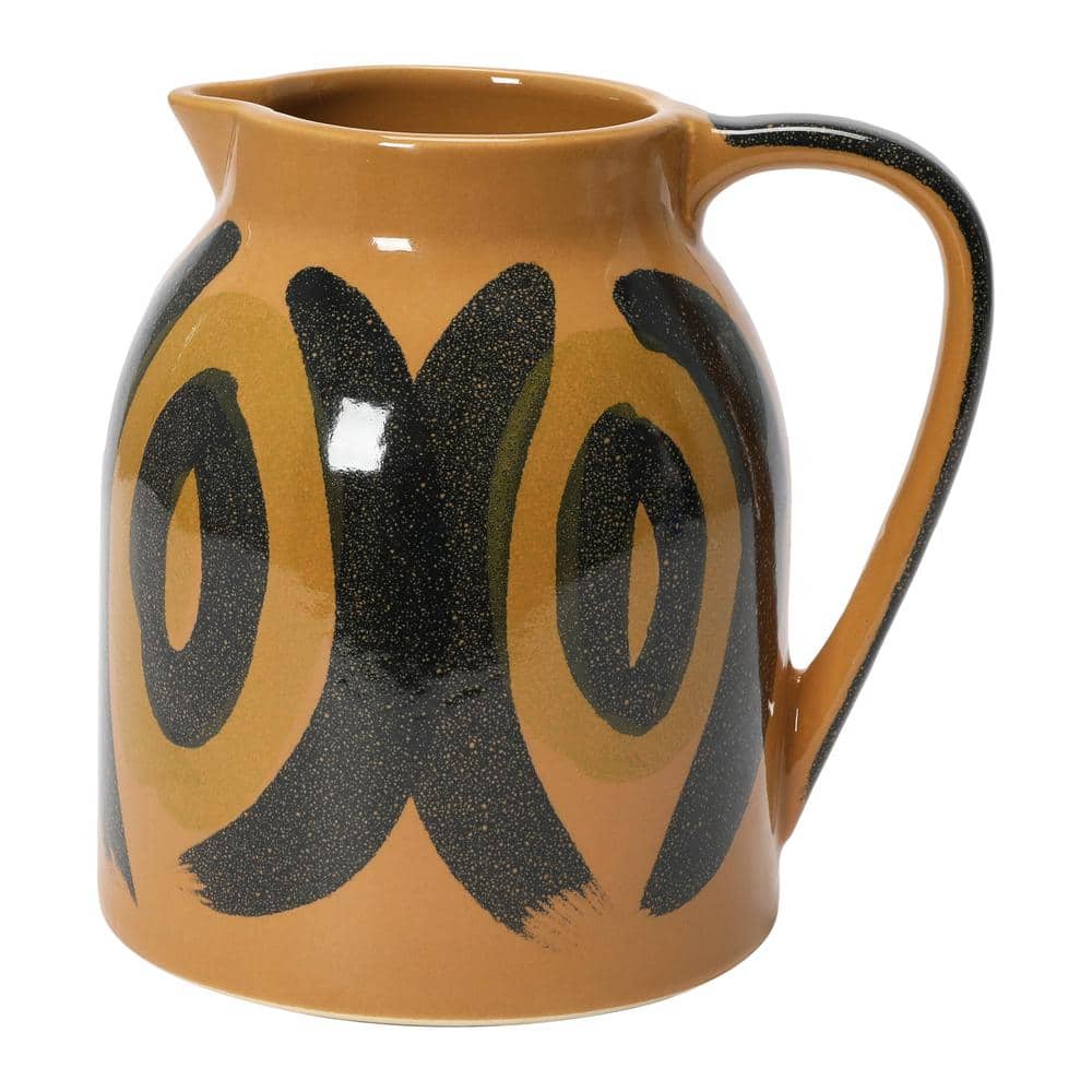 Hand-Painted Brown and Black Stoneware Pitcher with Handle