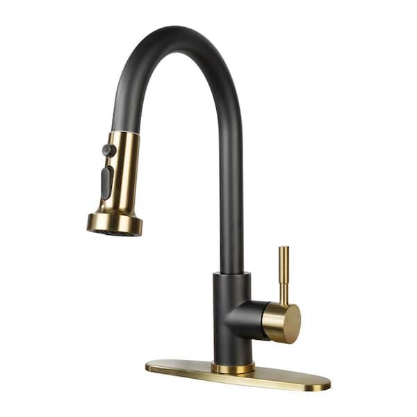 VEVETTA Gold and Black 15 in. H Single Handle Pull Down Sprayer Kitchen Faucet with 360° Spout Swivel and 3-Spray Mode