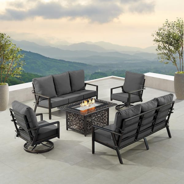 Black 5-Piece Aluminum Patio Fire Table Set with 2-Deep Seating Sofa with Black Cushions and 2-Club Chairs