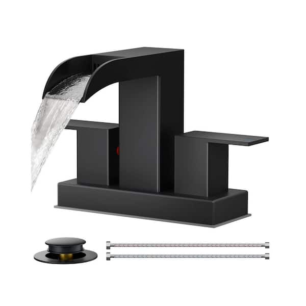 1-Piece 4 in. Centerset Square Faucet Bath Accessory Set with Metal Pop-up Drain and Supply Lines in Matte Black
