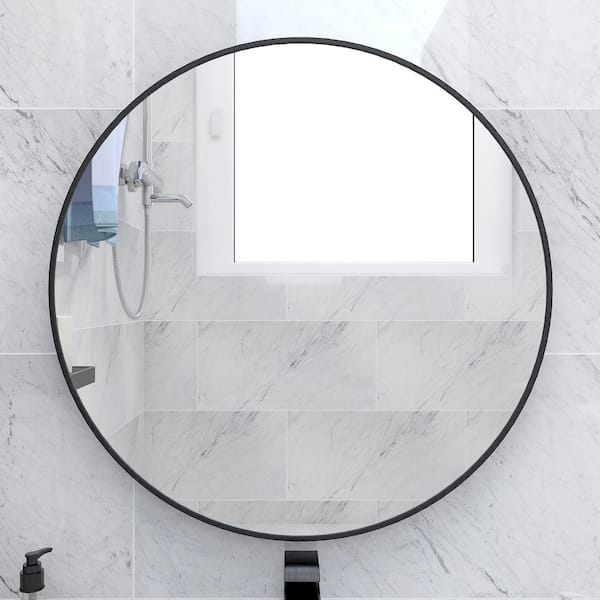 HOMEMYSTIQUE 24 in. W x 24 in. H Large Round Single Simple Aluminum Framed Wall Mounted Bathroom Vanity Mirror in Silver