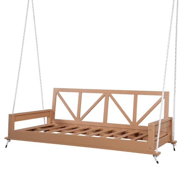 Twin Size Swing Bed 2-Person Natural Acacia Wood Porch Swing Hanging Bed Frame with Ropes for Backyard