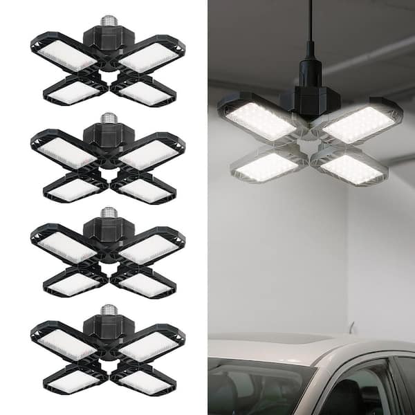 4-Pack LED Garage Light 4-Leaf 60W Equivalent, 6500K Daylight Deformable Fixture with E26 Base, Adjustable Panels