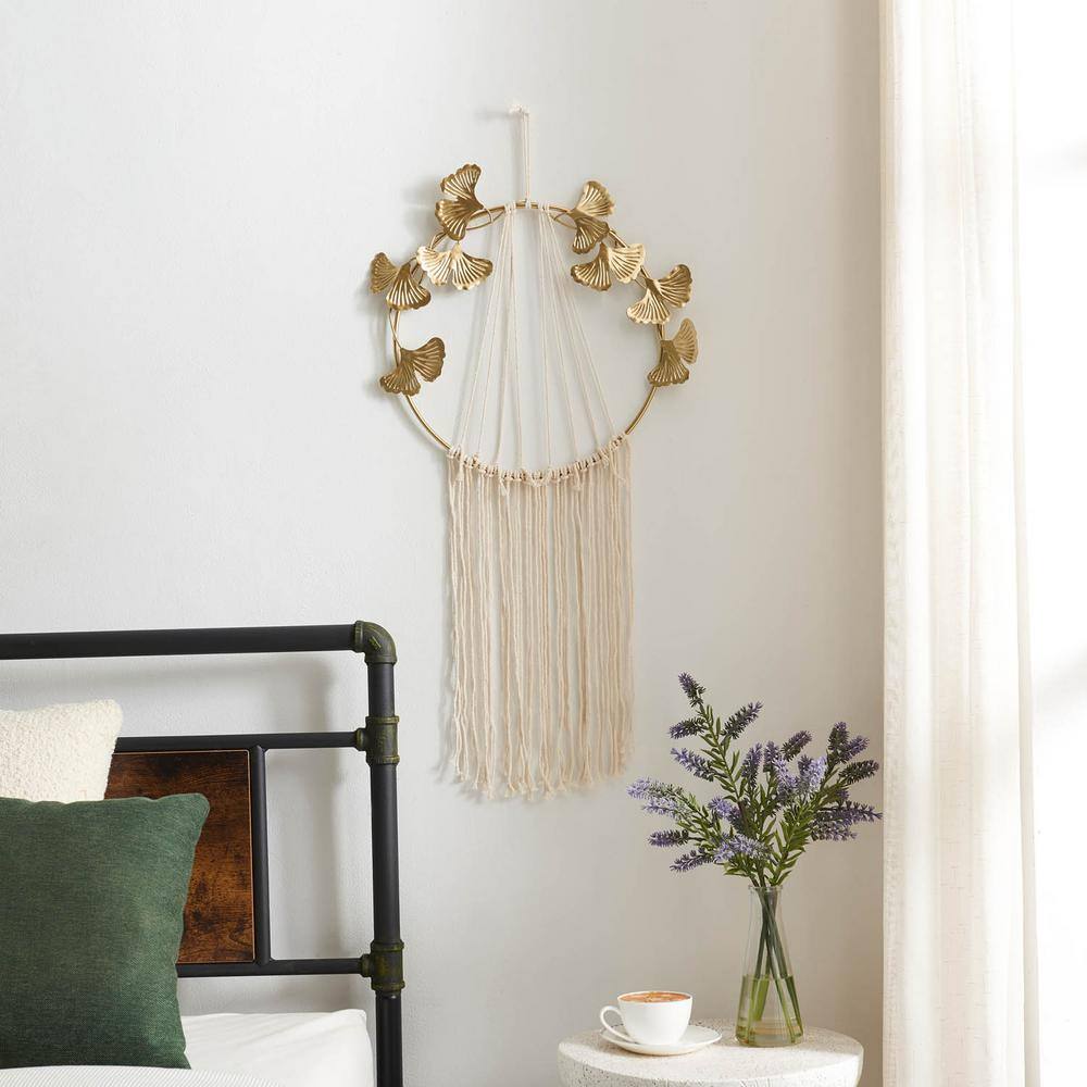 Gingko Leaves Round Metal Wall Decor with Fringe