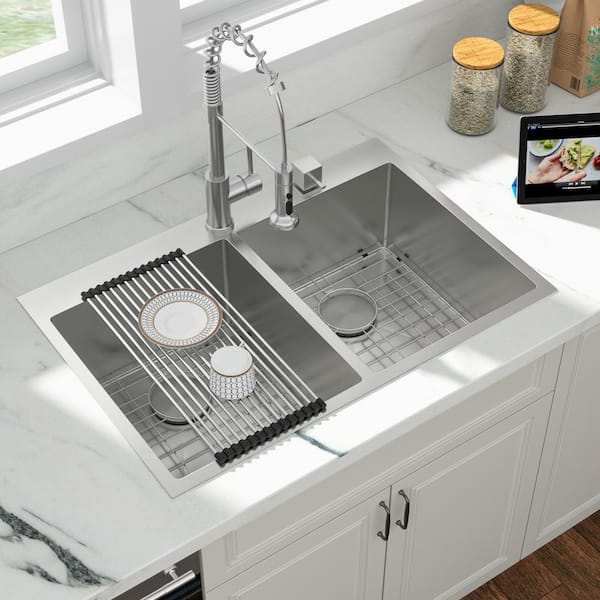 16-Guage Stainless Steel 33 in. Double Bowl 50/50 Drop-In Kitchen Sink with Strainer and Bottom Grid