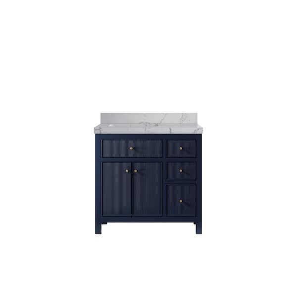 Willow Collections Sonoma 36 in. Left Sink Freestanding Navy Blue Bath Vanity with Venatino Qt. Top Unassembled