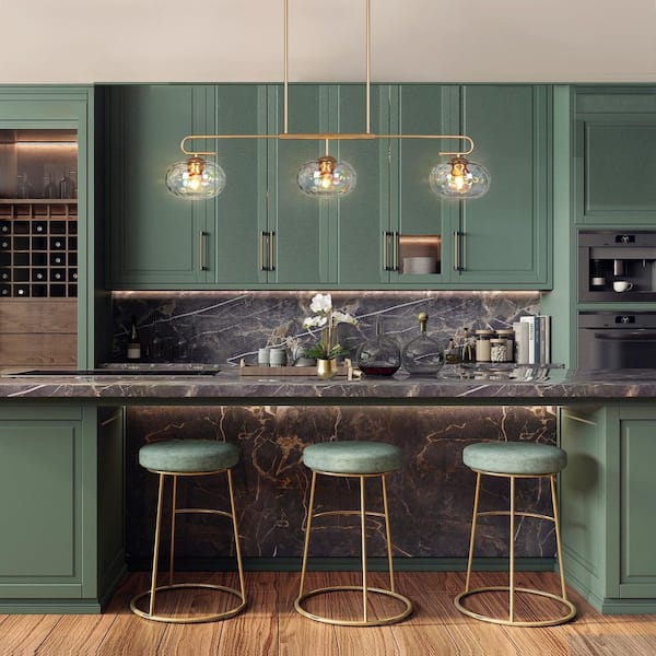 Modern 3-Light Satin Gold Island Linear Chandelier with Iridescent Glass Globes for Kitchen, Dining Room, and Bar Areas