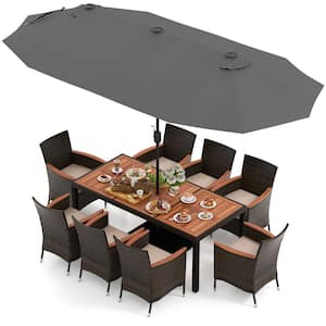 Mix Brown 9-Piece Wicker Outdoor Dining Set with Beige Cushions and Double-Sided Patio Grey Umbrella Stackable Chairs