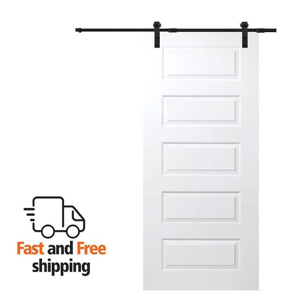 36 in. x 80 in. Rockport 5 Panel Smooth Surface Primed Assembly Required Solid Core Door with Barn Door Hardware Kit