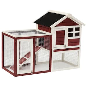 Brown and White Weatherproof Wooden Rabbit Hutch with Slanted Asphalt Roof & Fun Outdoor Ru