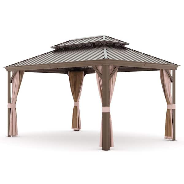 12 ft. x 14 ft. Black 2-Tier Hardtop Galvanized Aluminum Double Roof Gazebo Canopy with Netting and Curtains